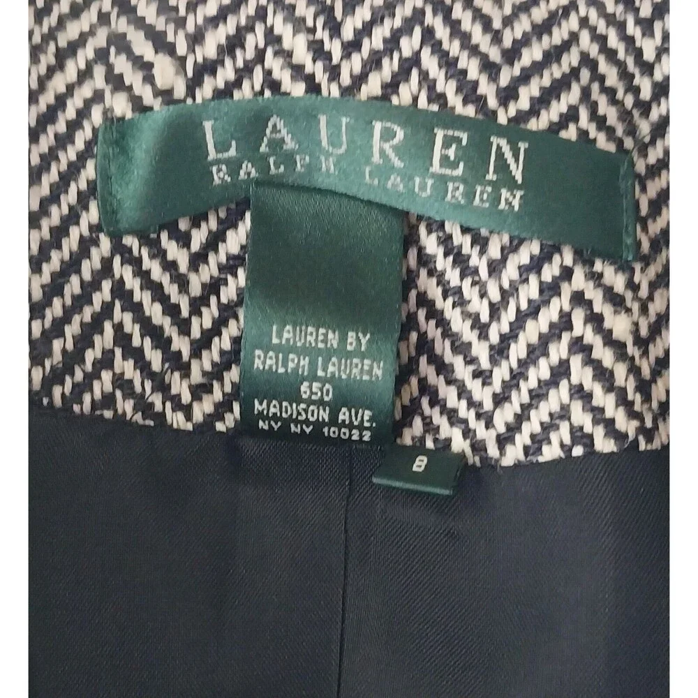 RALPH LAUREN Blazer Black Cream Herringbone Size 8 Silk Linen Blend Academia GUC - Picture 14 of 16